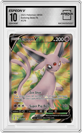 Espeon V from the 2021 Pokemon SWSH set graded by Arena Club and given an overall grade of 10.