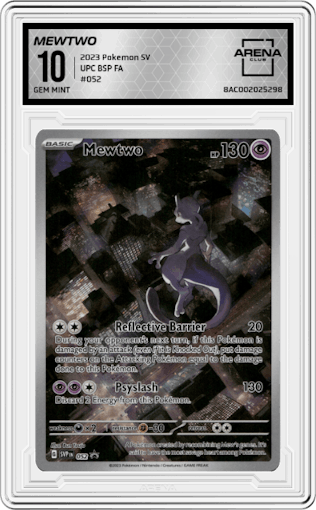 Mewtwo from the 2023 Pokemon SV set featuring a Ultra Premium Collection parallel graded by Arena Club and given an overall grade of 10.