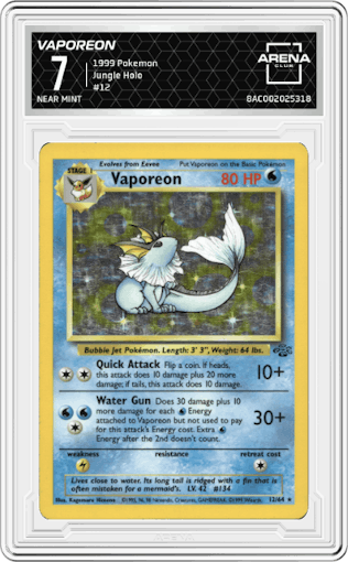 Vaporeon from the 1999 Pokemon set graded by Arena Club and given an overall grade of 7.