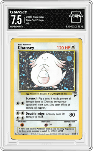 Chansey from the 2000 Pokemon set graded by Arena Club and given an overall grade of 7.5.