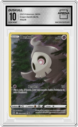 Duskull from the 2023 Pokemon SWSH set graded by Arena Club and given an overall grade of 10.