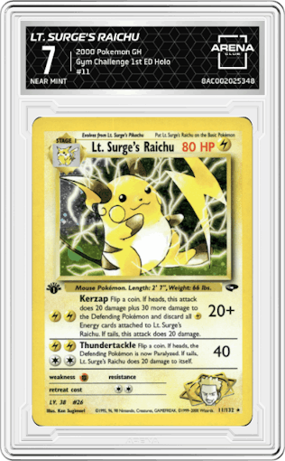 Lt. Surge's Raichu from the 2000 Pokemon GH set graded by Arena Club and given an overall grade of 7.