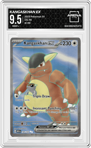 Kangaskhan ex from the 2023 Pokemon SV set graded by Arena Club and given an overall grade of 9.5.