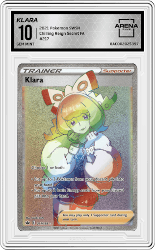 Klara from the 2021 Pokemon SWSH set graded by Arena Club and given an overall grade of 10.
