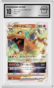 Charizard VSTAR from the 2021 Pokemon SWSH JPN set graded by Arena Club and given an overall grade of 10.