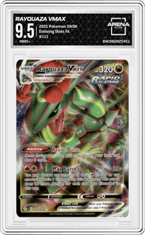 Rayquaza VMax from the 2021 Pokemon SWSH set graded by Arena Club and given an overall grade of 9.5.