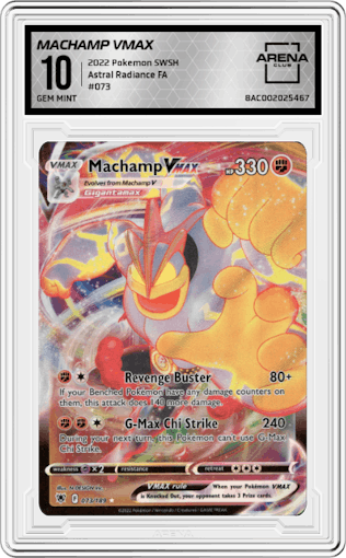 Machamp VMAX from the 2022 Pokemon SWSH set graded by Arena Club and given an overall grade of 10.