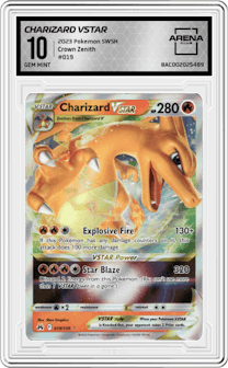 Charizard VSTAR from the 2023 Pokemon SWSH set graded by Arena Club and given an overall grade of 10.
