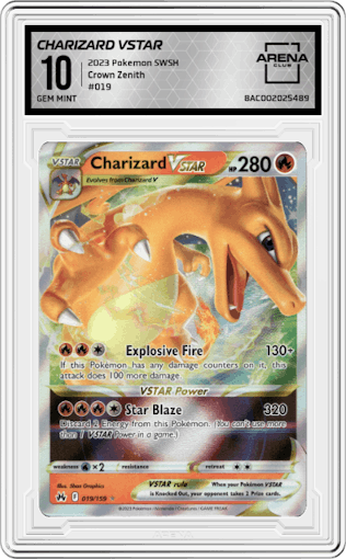 Charizard VSTAR from the 2023 Pokemon SWSH set graded by Arena Club and given an overall grade of 10.