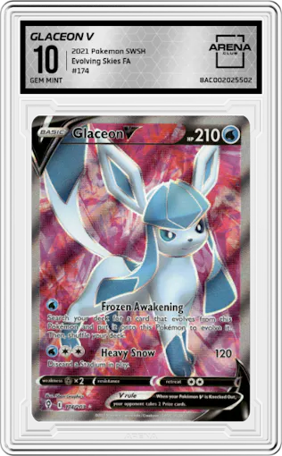 Glaceon V from the 2021 Pokemon SWSH set graded by Arena Club and given an overall grade of 10.