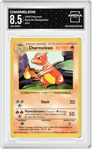 Charmeleon from the 1999 Pokemon set graded by Arena Club and given an overall grade of 8.5.