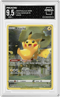 Pikachu from the 2023 Pokemon SWSH set graded by Arena Club and given an overall grade of 9.5.