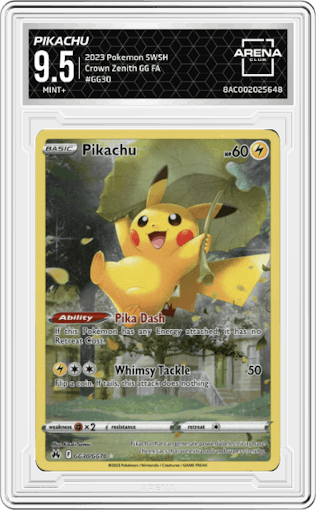 Pikachu from the 2023 Pokemon SWSH set graded by Arena Club and given an overall grade of 9.5.