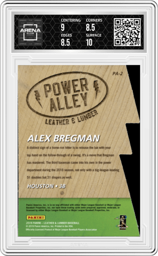 Alex Bregman from the 2019 Panini Leather & Lumber set graded by Arena Club and given an overall grade of 9.