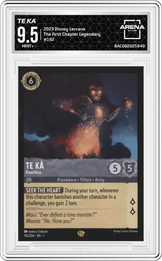 Te Ka from the 2023 Disney Lorcana set featuring a Legendary Foil parallel graded by Arena Club and given an overall grade of 9.5.
