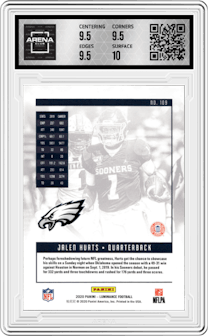 Jalen Hurts from the 2020 Panini Luminance set featuring a Orange parallel graded by Arena Club and given an overall grade of 10.