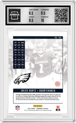 Jalen Hurts from the 2020 Panini Luminance set featuring a Orange parallel graded by Arena Club and given an overall grade of 10.