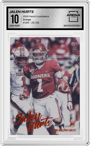 Jalen Hurts from the 2020 Panini Luminance set featuring a Orange parallel graded by Arena Club and given an overall grade of 10.