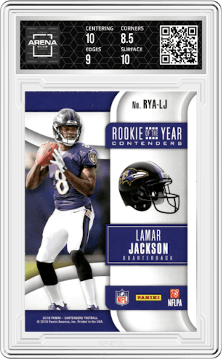 Lamar Jackson from the 2018 Panini Contenders set graded by Arena Club and given an overall grade of 9.