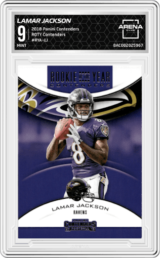 Lamar Jackson from the 2018 Panini Contenders set graded by Arena Club and given an overall grade of 9.