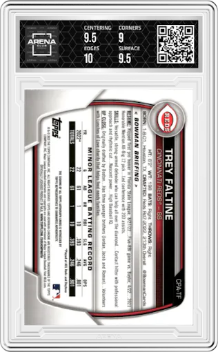 Trey Faltine from the 2023 Bowman  set featuring a Gold Refractor parallel graded by Arena Club and given an overall grade of 9.5.