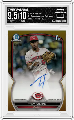 Trey Faltine from the 2023 Bowman  set featuring a Gold Refractor parallel graded by Arena Club and given an overall grade of 9.5.