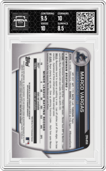 Marco Vargas from the 2023 Bowman Chrome set graded by Arena Club and given an overall grade of 9.