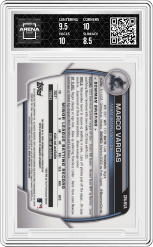 Marco Vargas from the 2023 Bowman Chrome set graded by Arena Club and given an overall grade of 9.