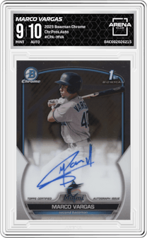 Marco Vargas from the 2023 Bowman Chrome set graded by Arena Club and given an overall grade of 9.