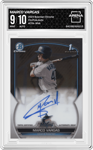Marco Vargas from the 2023 Bowman Chrome set graded by Arena Club and given an overall grade of 9.