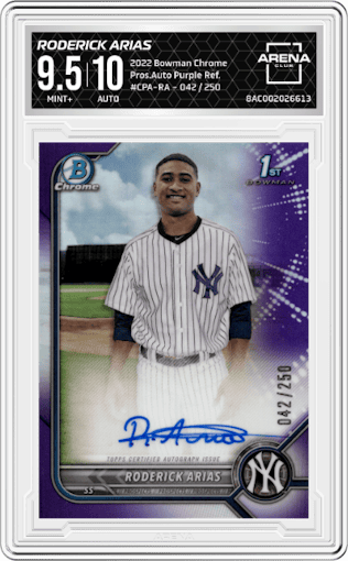 Roderick Arias from the 2022 Bowman Chrome set featuring a Purple Ref. parallel graded by Arena Club and given an overall grade of 9.5.