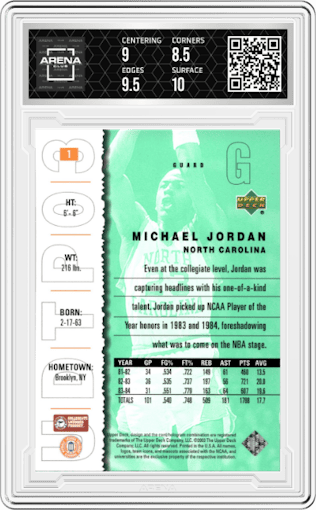 Michael Jordan from the 2003-04 Upper Deck Top Prospects  set graded by Arena Club and given an overall grade of 9.