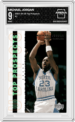 Michael Jordan from the 2003-04 Upper Deck Top Prospects  set graded by Arena Club and given an overall grade of 9.