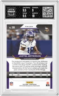Justin Jefferson from the 2020 Panini Prizm set featuring a Neon Green Pulsar parallel graded by Arena Club and given an overall grade of 9.5.