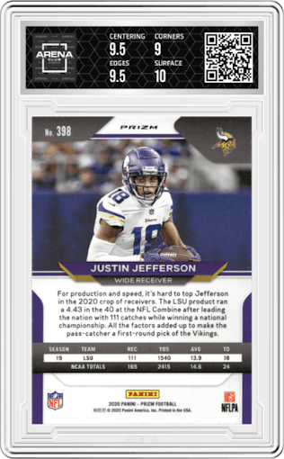 Justin Jefferson from the 2020 Panini Prizm set featuring a Neon Green Pulsar parallel graded by Arena Club and given an overall grade of 9.5.