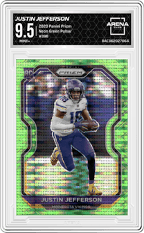 Justin Jefferson from the 2020 Panini Prizm set featuring a Neon Green Pulsar parallel graded by Arena Club and given an overall grade of 9.5.