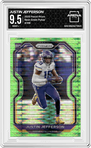 Justin Jefferson from the 2020 Panini Prizm set featuring a Neon Green Pulsar parallel graded by Arena Club and given an overall grade of 9.5.