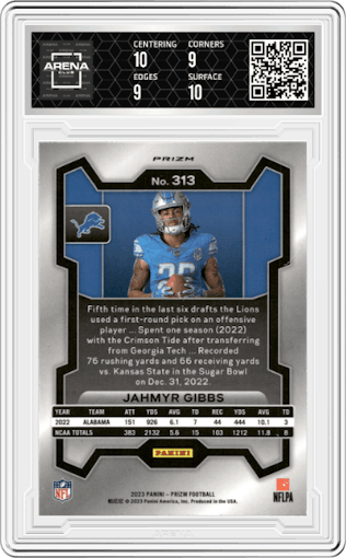 Jahmyr Gibbs from the 2023 Panini Prizm set featuring a Silver Prizm parallel graded by Arena Club and given an overall grade of 9.5.