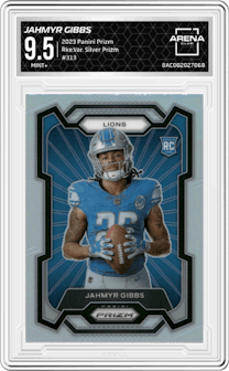 Jahmyr Gibbs from the 2023 Panini Prizm set featuring a Silver Prizm parallel graded by Arena Club and given an overall grade of 9.5.