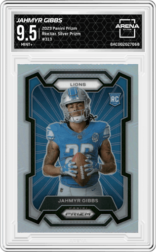 Jahmyr Gibbs from the 2023 Panini Prizm set featuring a Silver Prizm parallel graded by Arena Club and given an overall grade of 9.5.