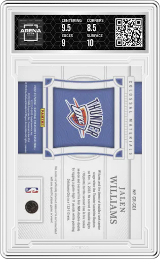 Jalen Williams from the 2022-23 Panini National Treasures set featuring a Prime parallel graded by Arena Club and given an overall grade of 9.
