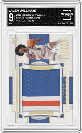 Jalen Williams from the 2022-23 Panini National Treasures set featuring a Prime parallel graded by Arena Club and given an overall grade of 9.