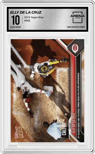 Elly De La Cruz from the 2023 Topps Now set graded by Arena Club and given an overall grade of 10.