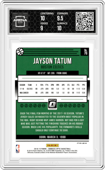 Jayson Tatum from the 2018-19 Panini Donruss Optic set featuring a Hyper Pink parallel graded by Arena Club and given an overall grade of 9.5.