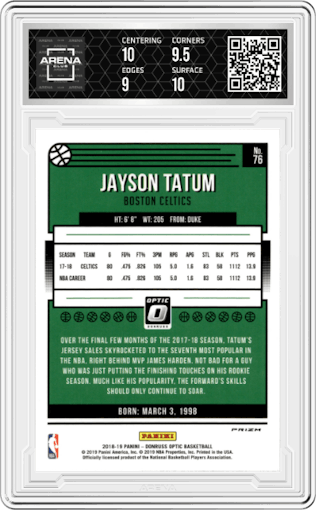 Jayson Tatum from the 2018-19 Panini Donruss Optic set featuring a Hyper Pink parallel graded by Arena Club and given an overall grade of 9.5.