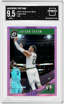 Jayson Tatum from the 2018-19 Panini Donruss Optic set featuring a Hyper Pink parallel graded by Arena Club and given an overall grade of 9.5.