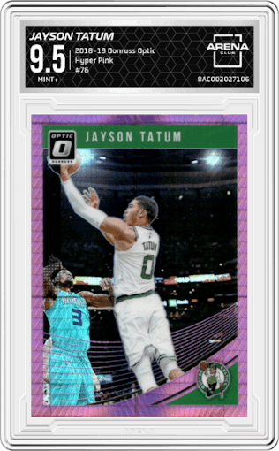 Jayson Tatum from the 2018-19 Panini Donruss Optic set featuring a Hyper Pink parallel graded by Arena Club and given an overall grade of 9.5.