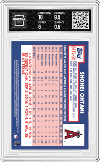Shohei Ohtani from the 2019 Topps Chrome set graded by Arena Club and given an overall grade of 8.5.