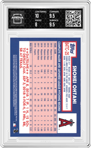 Shohei Ohtani from the 2019 Topps Chrome set graded by Arena Club and given an overall grade of 8.5.