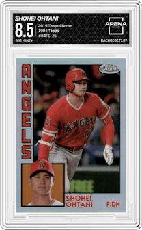 Shohei Ohtani from the 2019 Topps Chrome set graded by Arena Club and given an overall grade of 8.5.